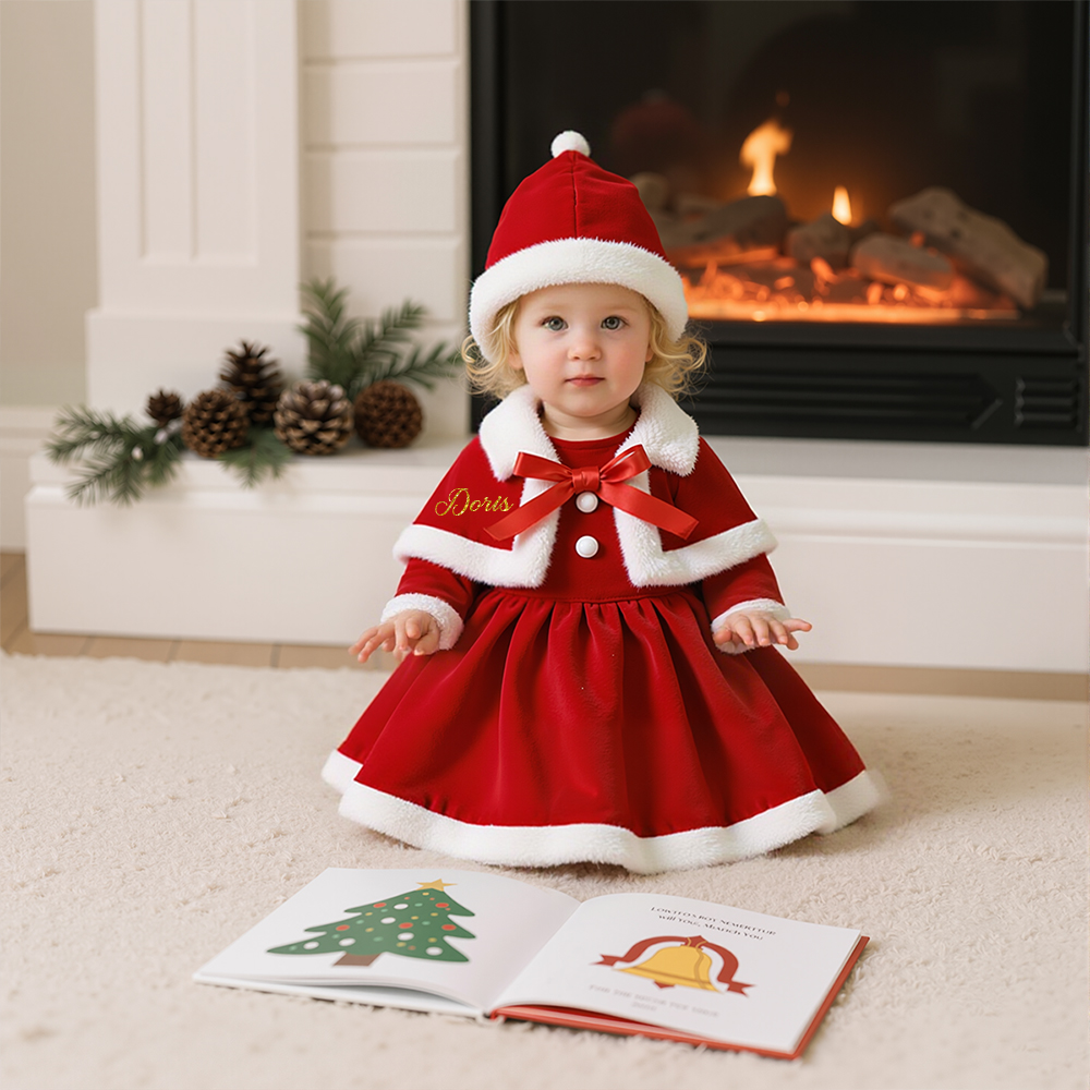 Personalized Girl Christmas Dress Set with Cape & Santa HatYESMC14