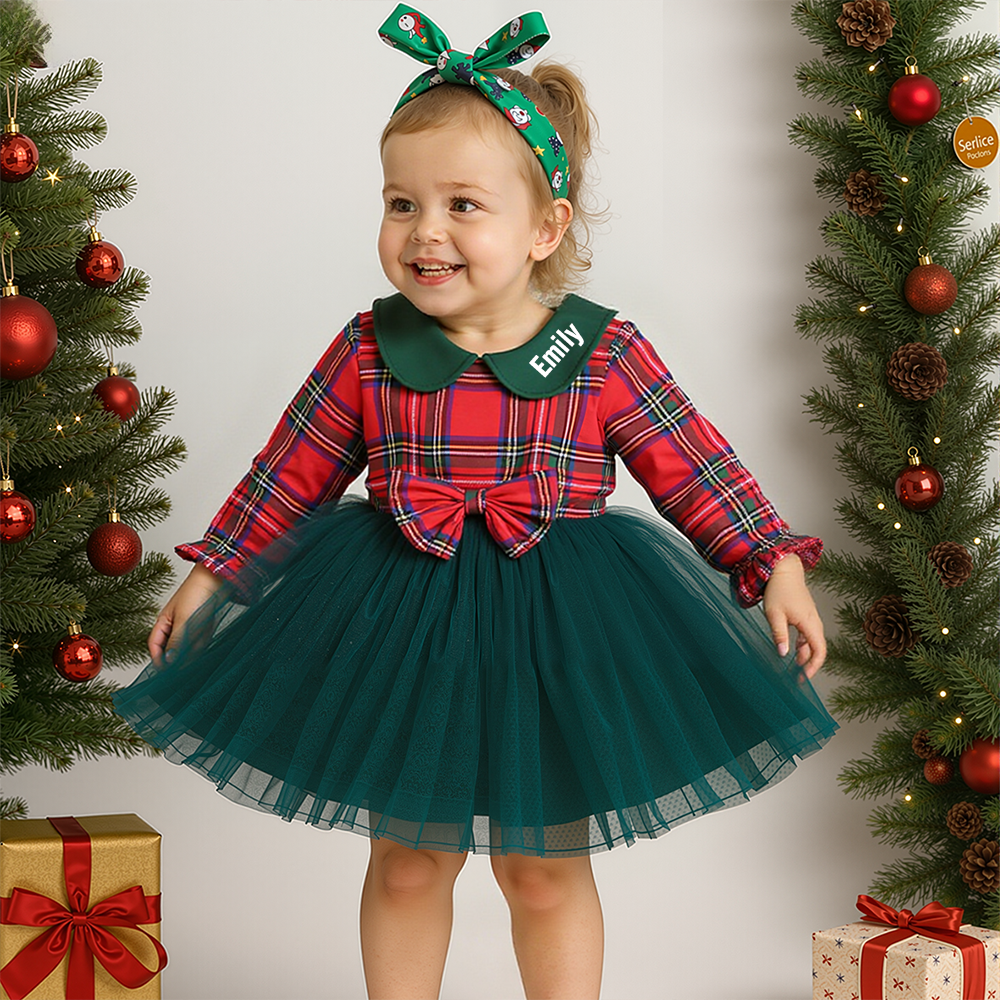 Personalized Girl Christmas Mesh Bowknot Dress|YESMC15
