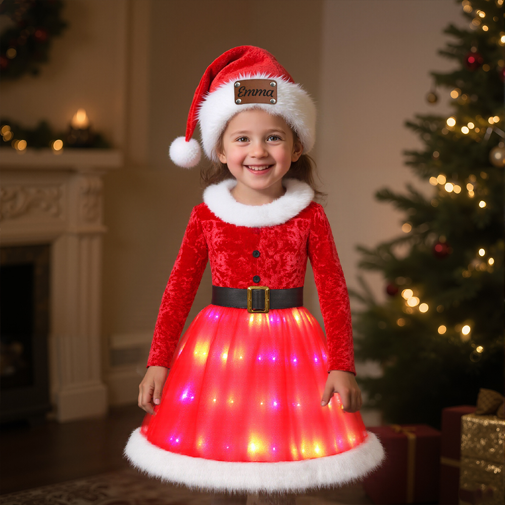Personalized Leather Patch Christmas Led Dress with Hat| YESMC16