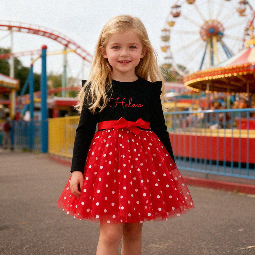 Personalized Girl Polka Dot Tulle with Bow Dress| Dress32