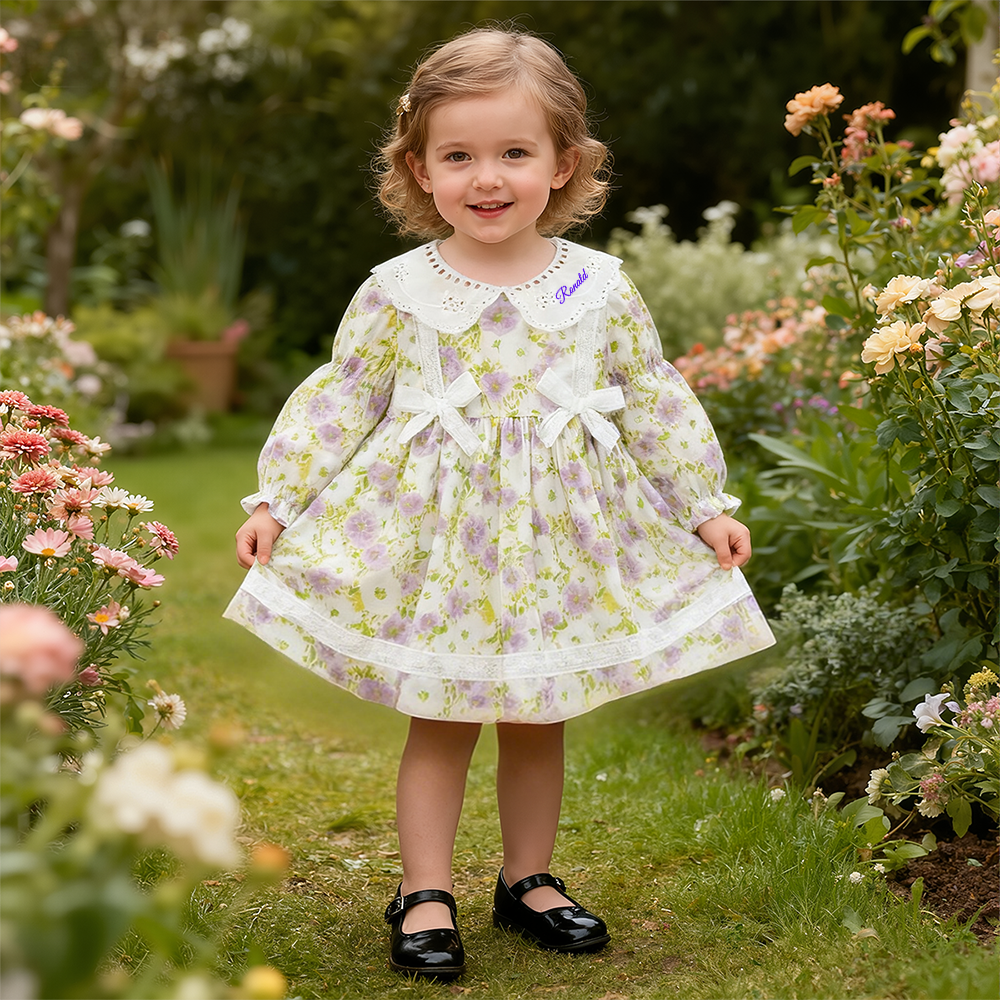 Personalized Girl Long Sleeve Floral Dress| Dress35