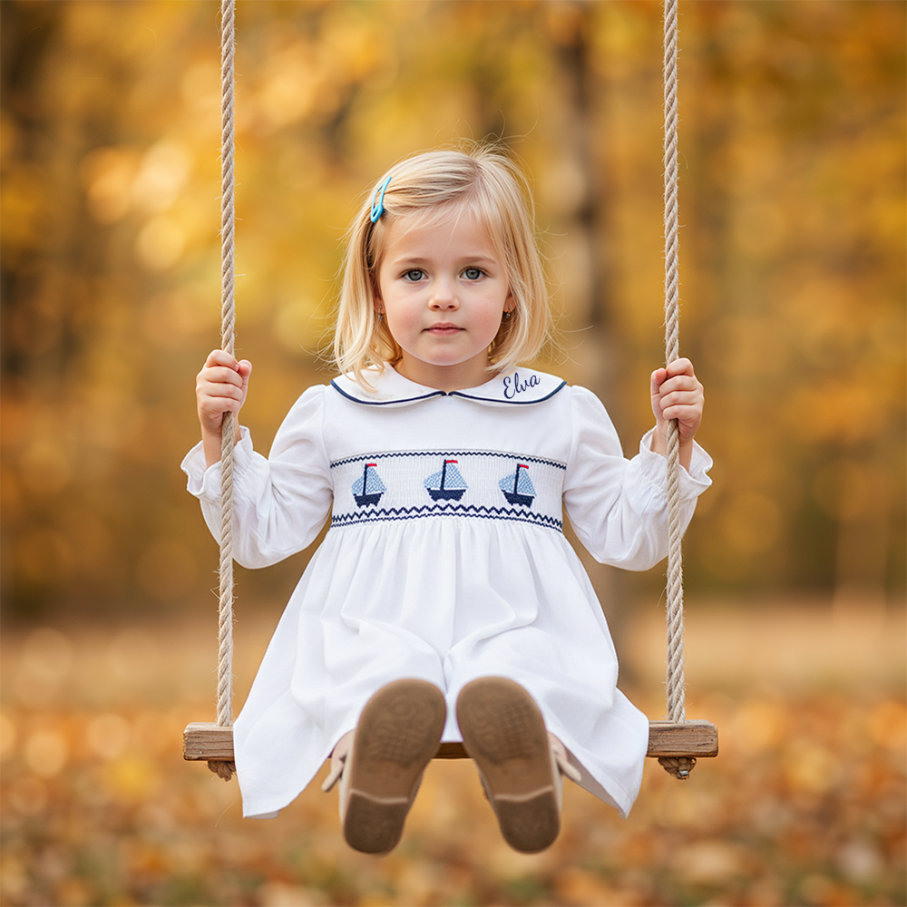 Personalized Girl Long Sleeve Sailboat Dress| Dress39