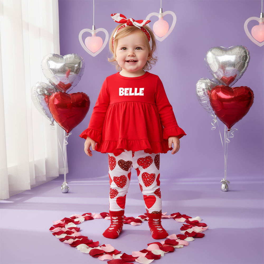 Personalized Girl Red Ruffle Top & Heart Pants Baby Set| YESVa14