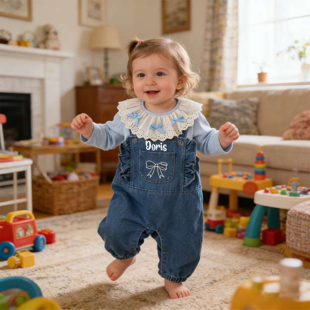 Personalized Baby Girl Lace Collar Top & Denim Overalls Set| Pants36