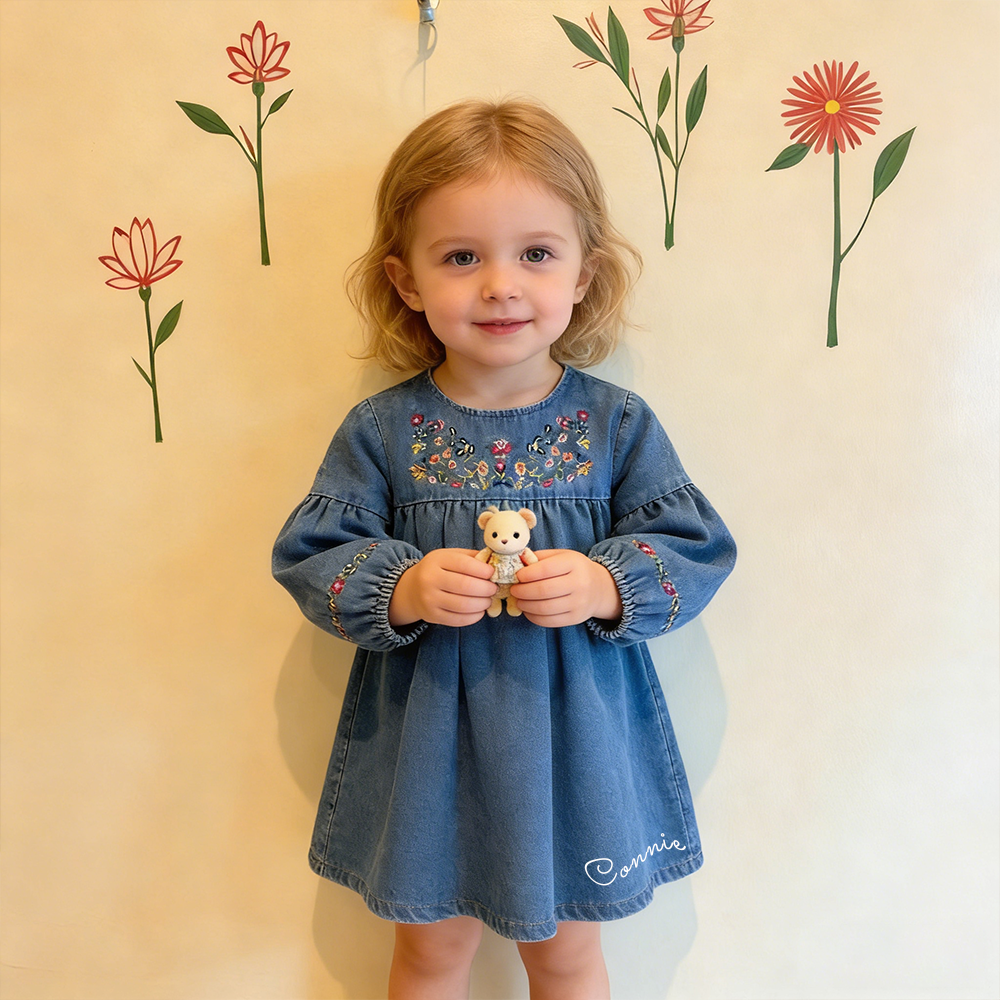 Personalized Girl Embroidered Denim Floral  Dress| Dress68