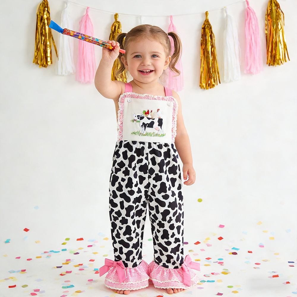 Girl Birthday Cow Print Overalls| Pants32