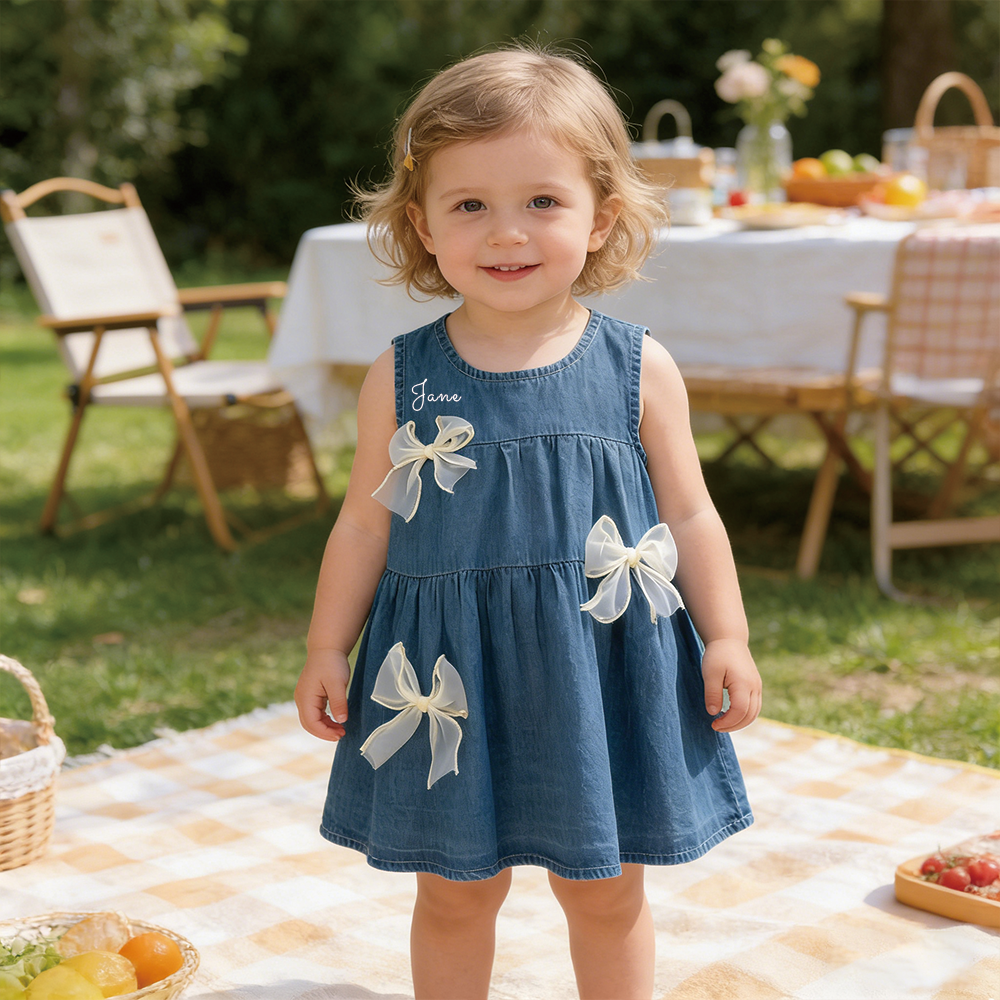 Personalized Girl Summer Bow Sleeveless Denim Dress| Dress71