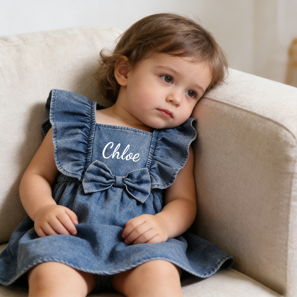 Personalized Girl Ruffle Shoulder Denim Dress| Dress73