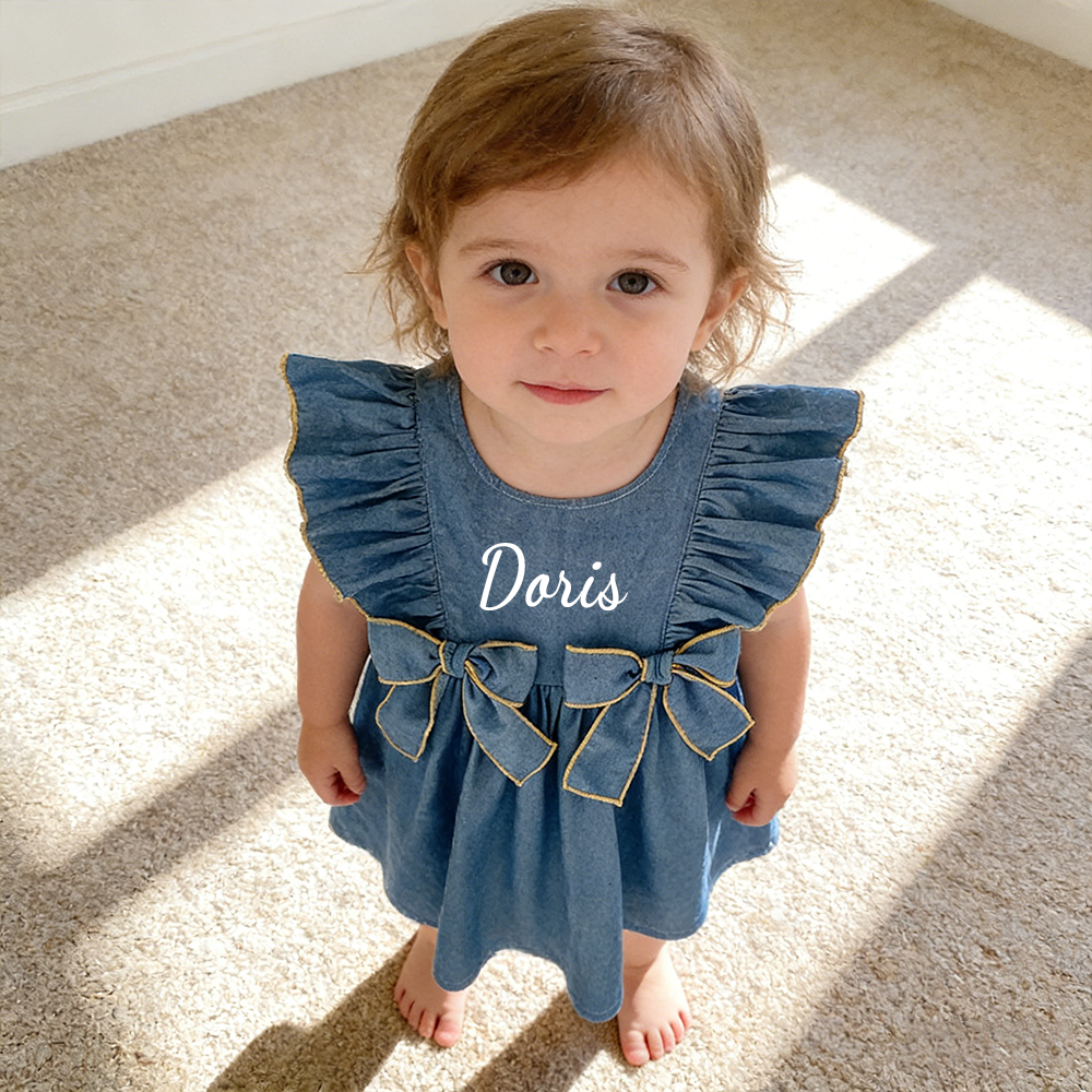 Personalized Girl Ruffle Shoulder Denim Dress| Dress74