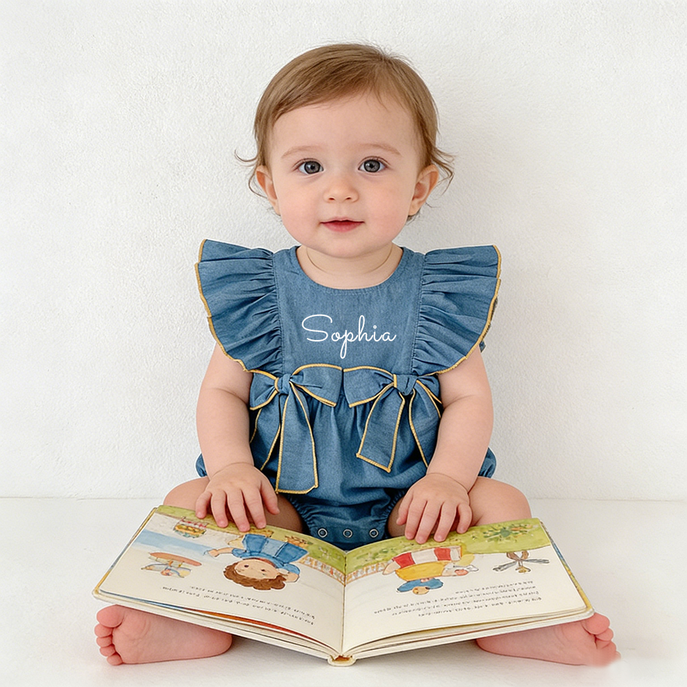 Personalized Baby Girl Ruffle Shoulder Denim Romper| BBcloth123