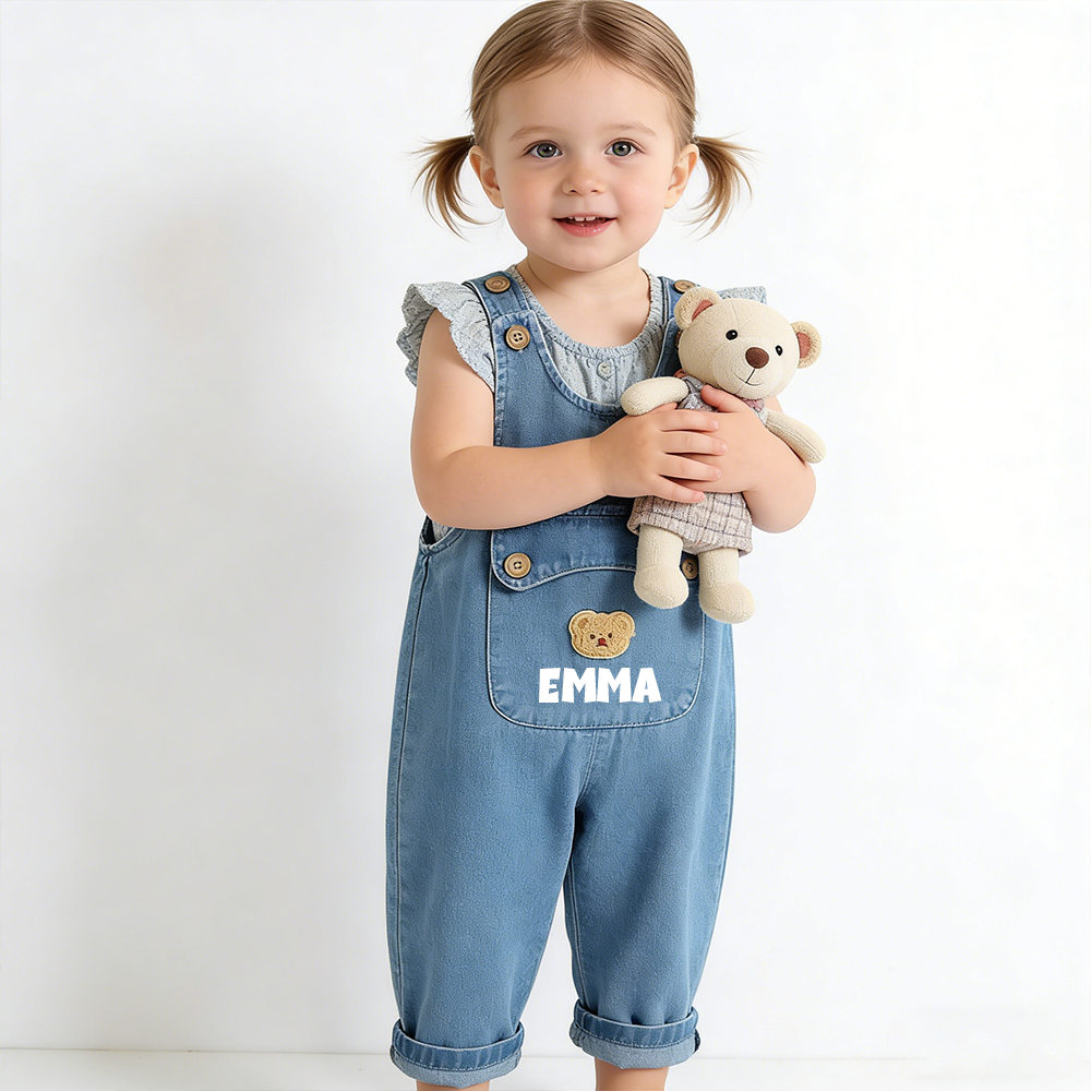 Personalized Kids Bear Patch Denim Overalls Set| Pants46