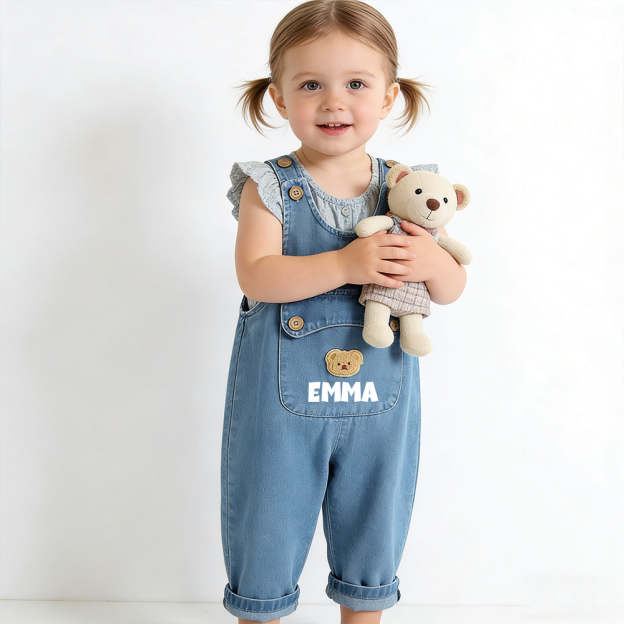 Personalized Kids Bear Patch Denim Overalls Set| Pants46