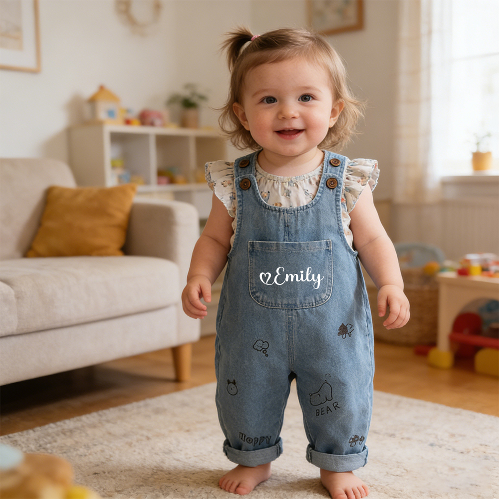 Personalized Kids Bear Denim Overalls| Pants48
