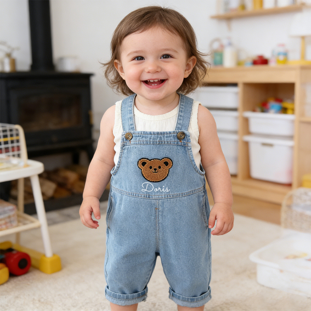 Personalized Kids Bear Patch Denim Overalls| Pants47
