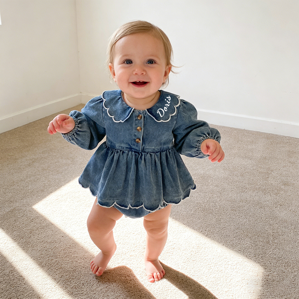 Personalized Baby Girl Ruffled Denim Bubble Romper| BBcloth130