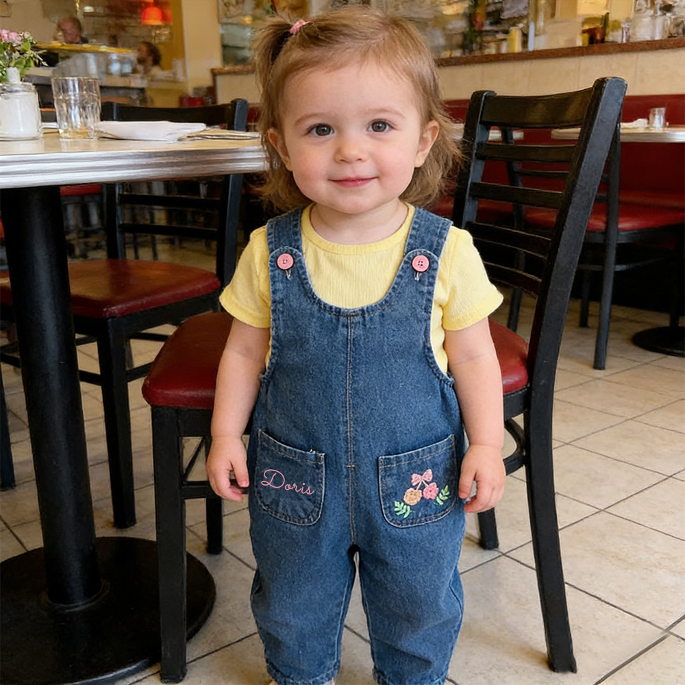 Personalized Girl Embroidered Flower Denim Overalls| Pants51