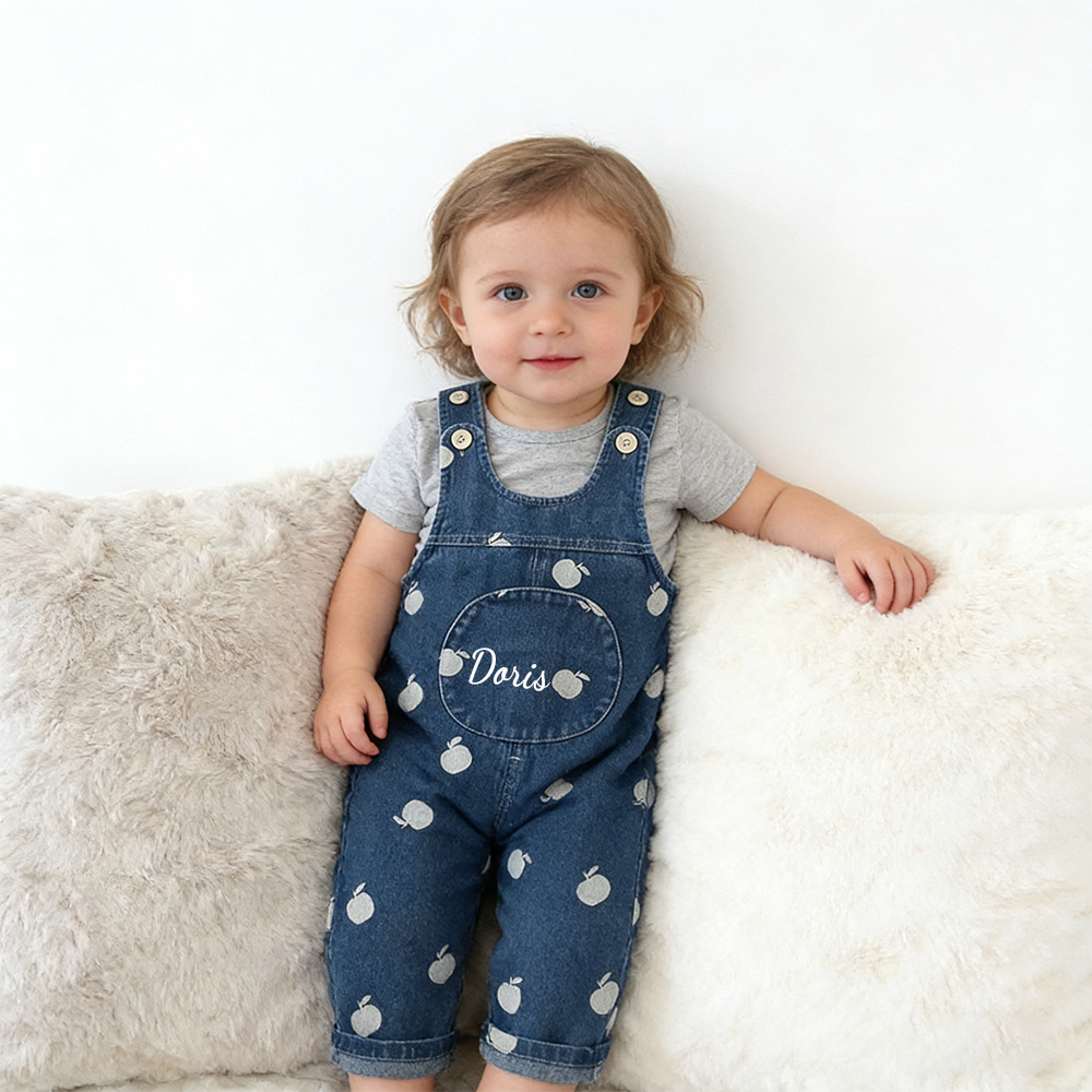 Personalized Kids Print Apple Denim Overalls| Pants52