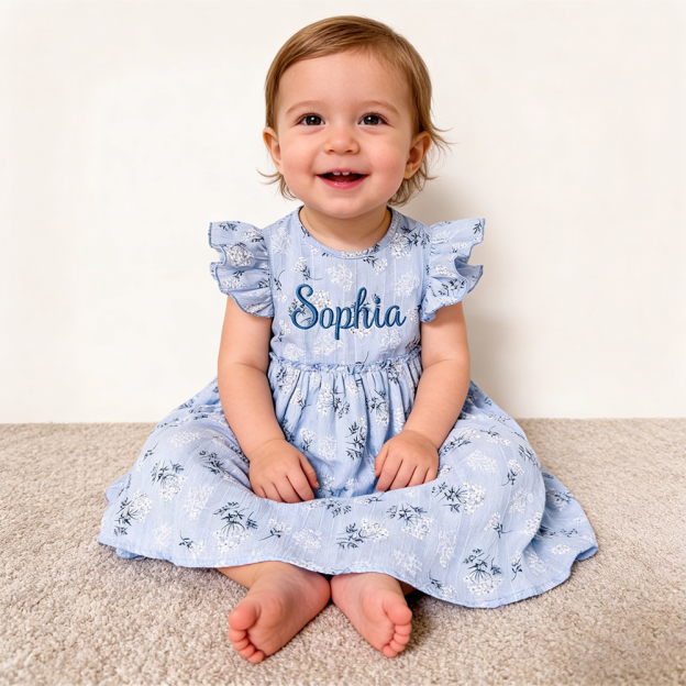 Personalized Girl Embroidered Name Floral Dress With Bow| Dress80