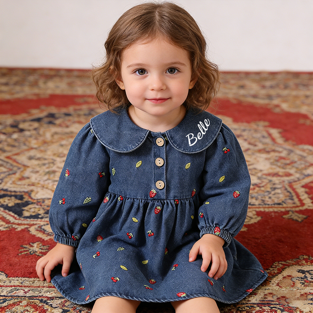 Personalized Girl Fruit Embroidered Denim Dress| Dress82