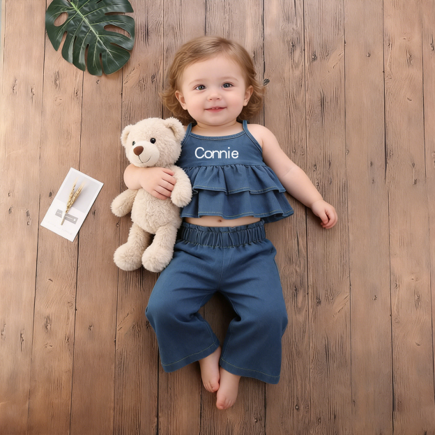 Personalized Girl Sleeveless Ruffle Denim Two-Piece Outfit| Cloth270