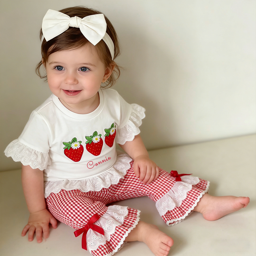 Personalized Girl Strawberry Embroidered Gingham Ruffle Set| Cloth272