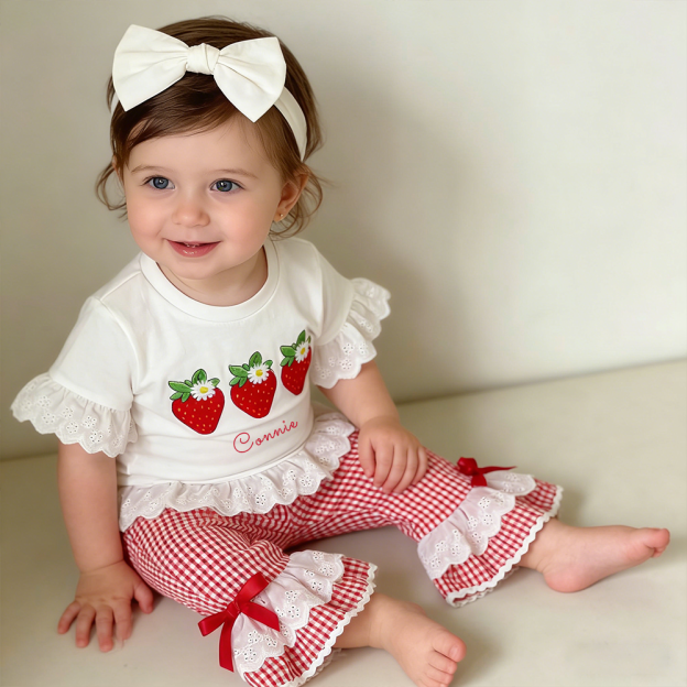 Personalized Girl Strawberry Embroidered Gingham Ruffle Set| Cloth272
