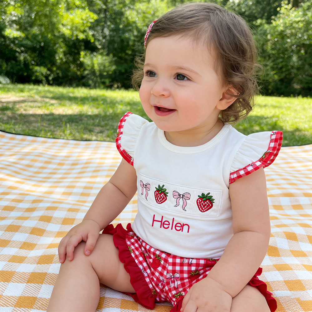 Personalized Girl Strawberry Ruffle Sleeve Top & Shorts Set| Cloth273