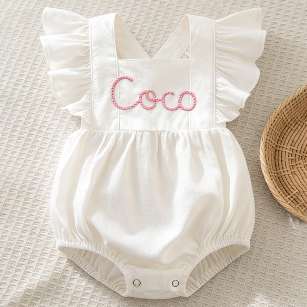 Personalized Baby Gril Embroidered Linen Romper| BBcloth131