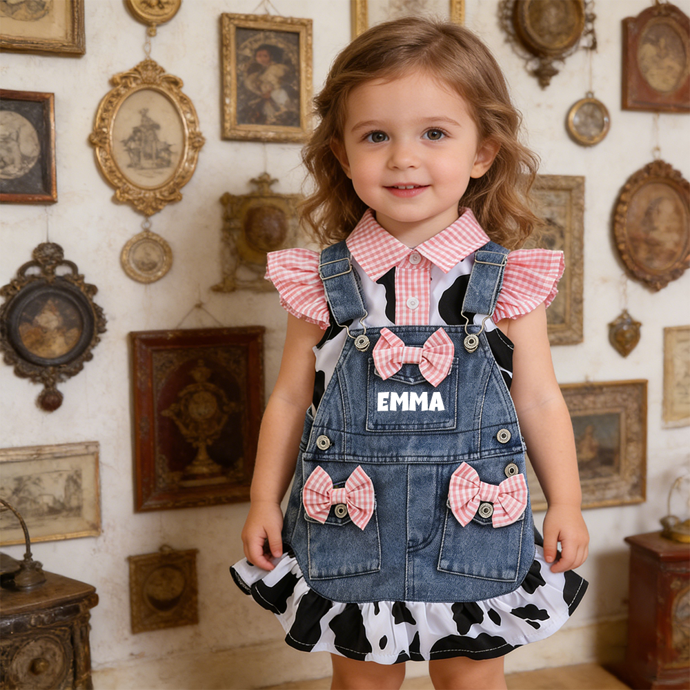 Personalized Baby Girl Cow Print Denim Overall Dress Set| BBcloth132