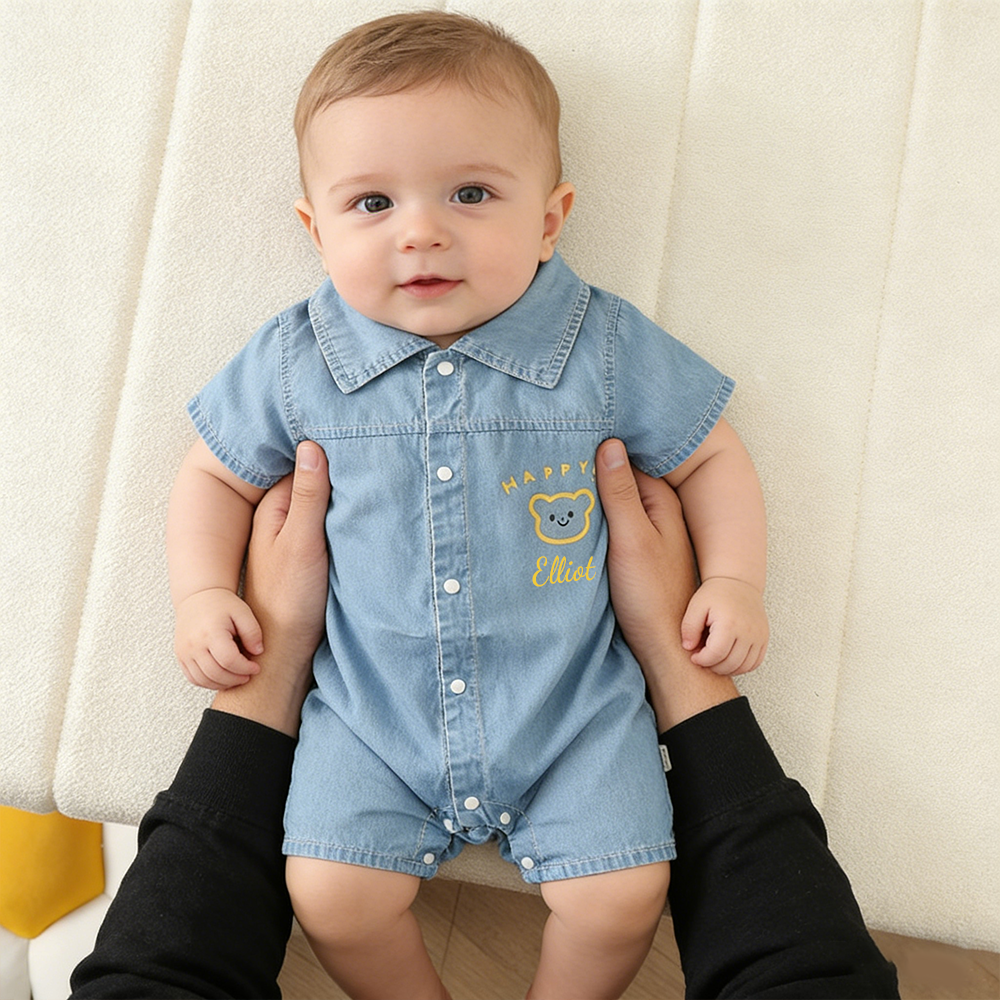 Personalized Baby Bear Print Denim Romper| BBcloth133