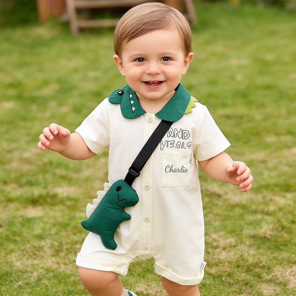 Personalized Baby Boy Dinosaur Romper with Bag| BBcloth134