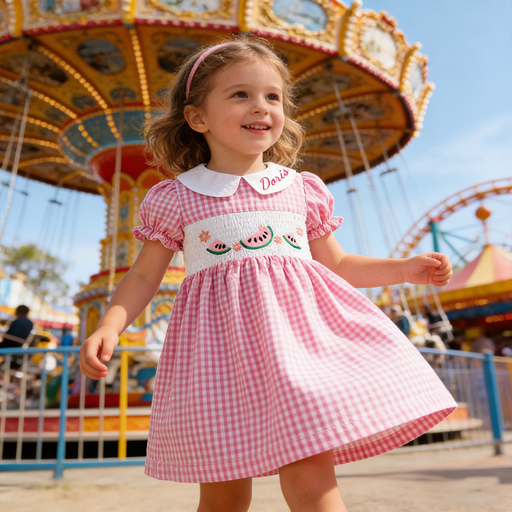 Personalized Girl  Watermelon Embroidered Pink Dress| Dress84