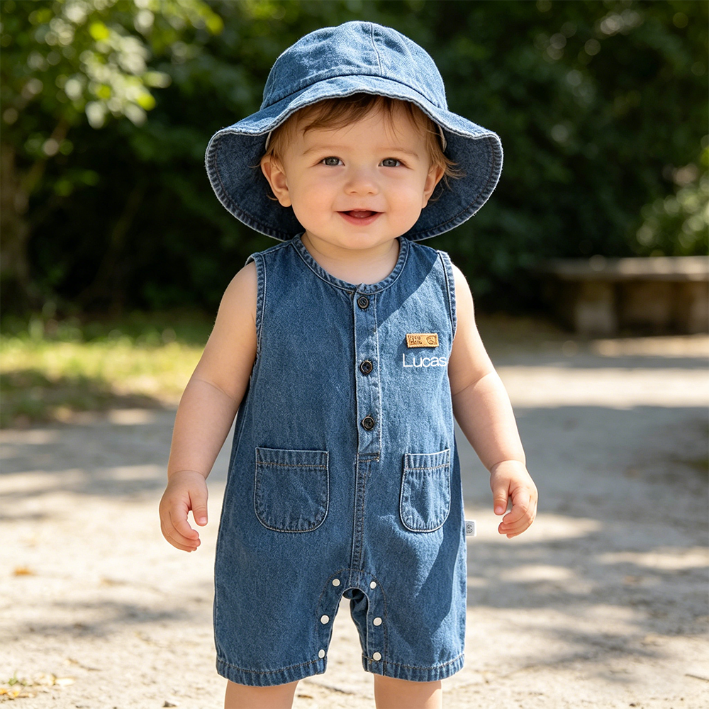 Personalized Baby Denim Jumpsuit & Sun Hat Set| Pants56