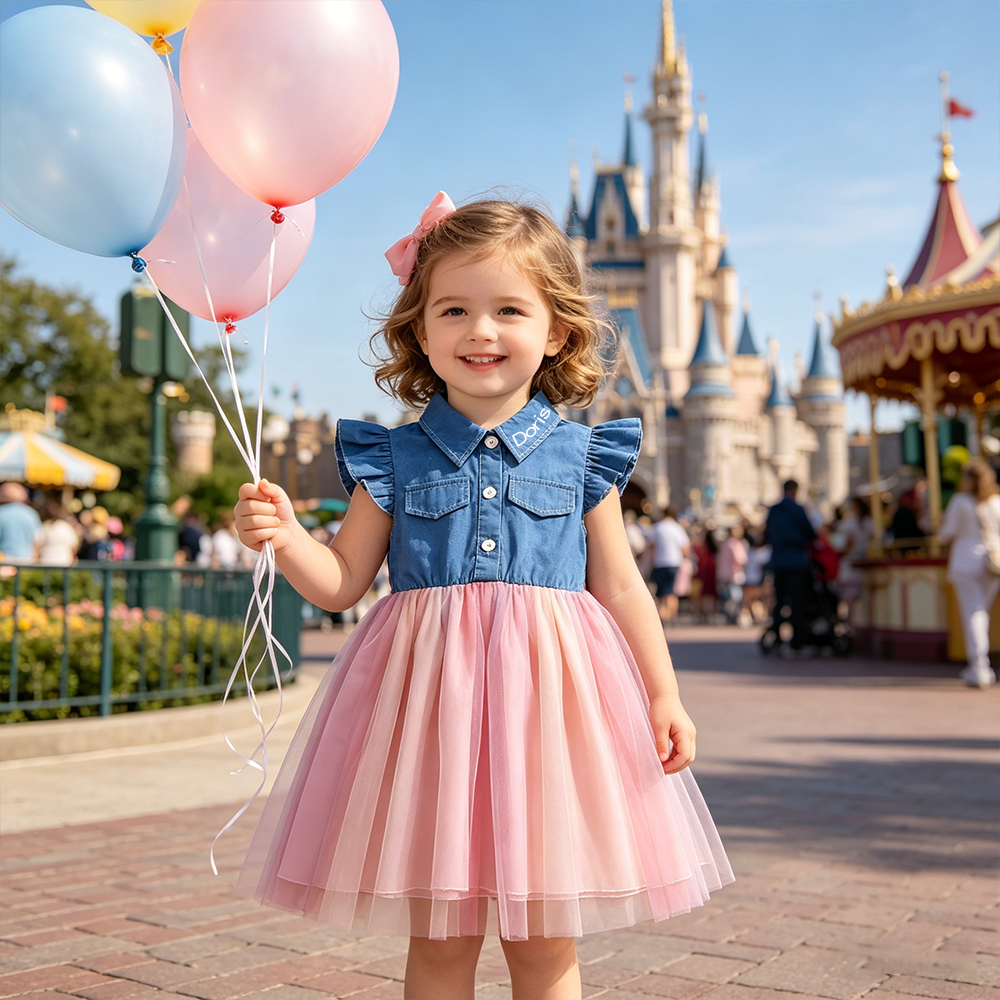 Personalized Girl Ruffle Sleeve Denim and Tulle Dress| Dress90