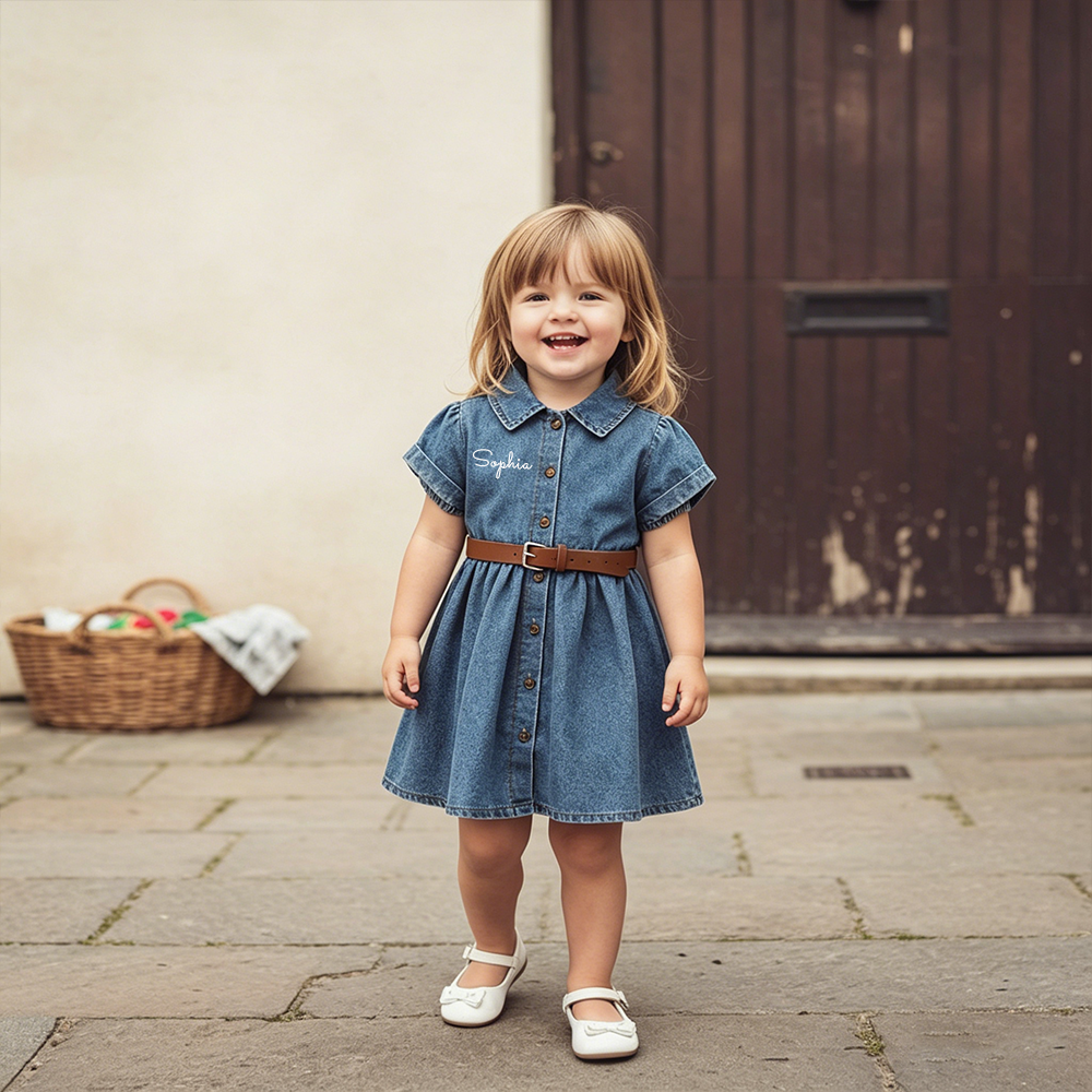 Personalized Girl Vintage Wash Denim Shirtdress with Brown Belt| Dress98