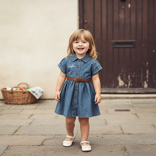 Personalized Girl Vintage Wash Denim Shirtdress with Brown Belt| Dress98