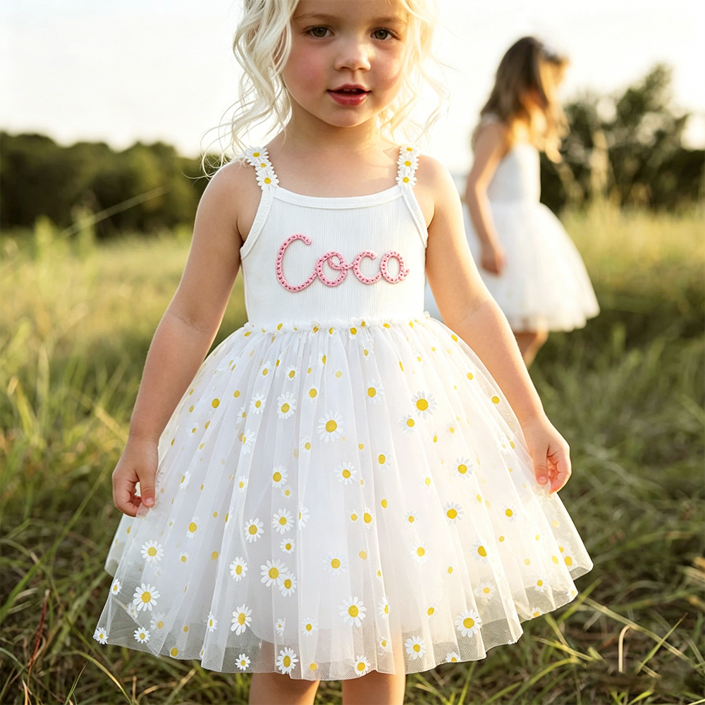 Personalized Girl Hand Knitted Rainbow Daisy Tutu Dress| Dress100