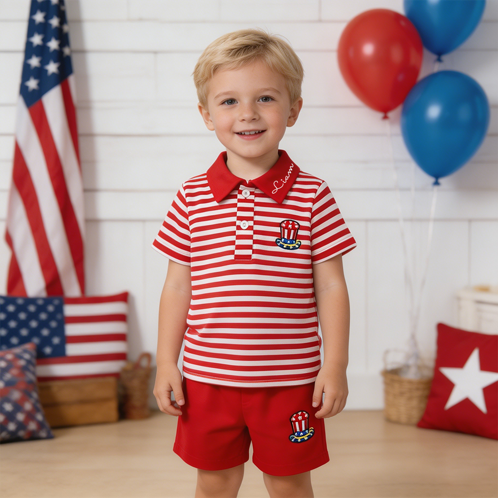 Personalized Boy 4th of July Boys' Striped Polo Outfit| cloth282