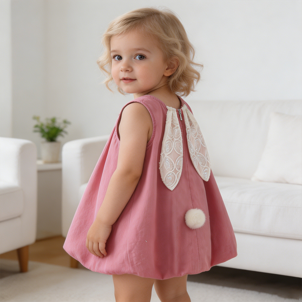 Personalized Girl Pink Sleeveless Bunny Ears Dress| Dress103