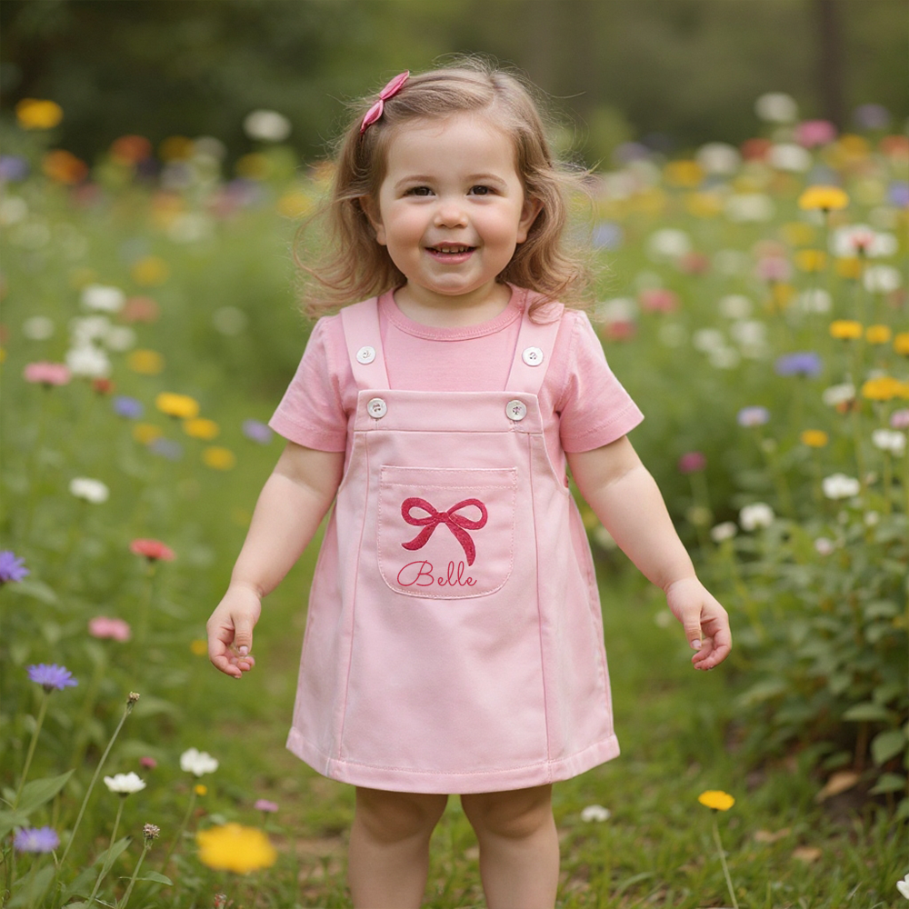 Personalized Girl Pink Bow Pinafore Dress Set| Dress107