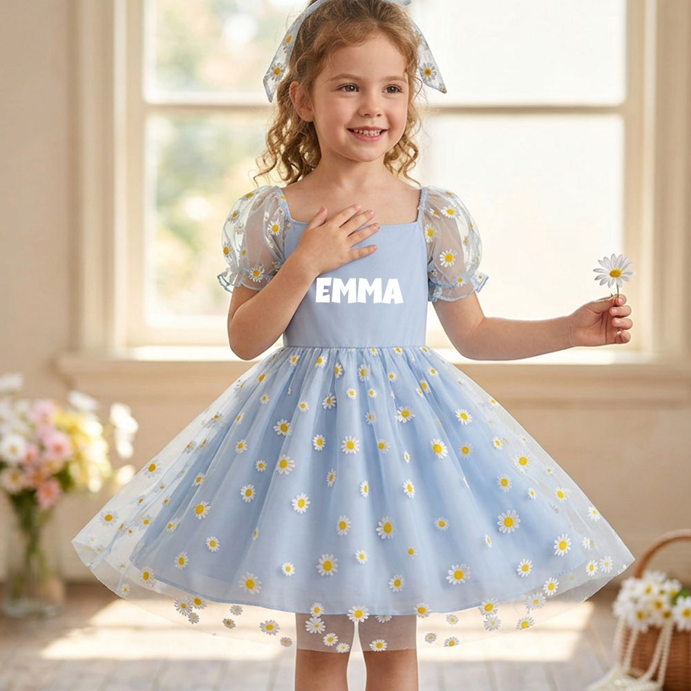 Personalized Girl Puff Sleeve Daisy Dress| Dress109