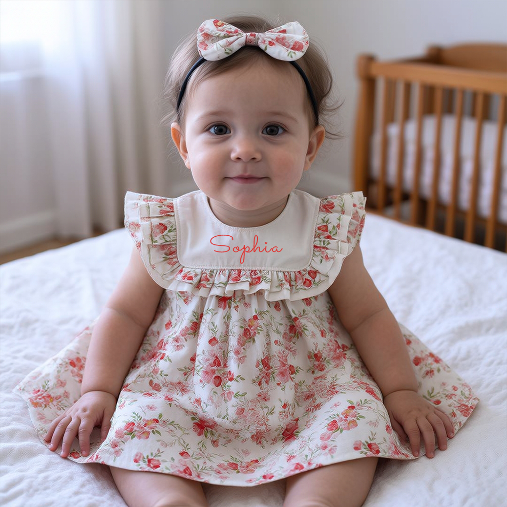 Personalized Girl's Floral Cotton Dress With Headband| Dress113