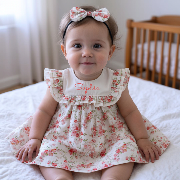Personalized Girl's Floral Cotton Dress With Headband| Dress113