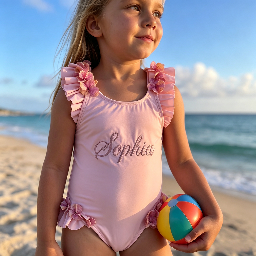 Personalized Girl Embroidered Pink Floral Ruffle One-Piece| Swimsuit08