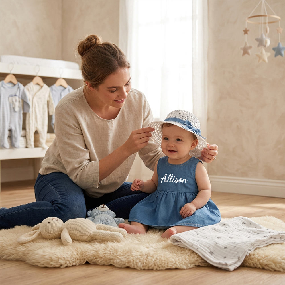 Personalized Girl Denim Dress with Straw Hat| Dress119