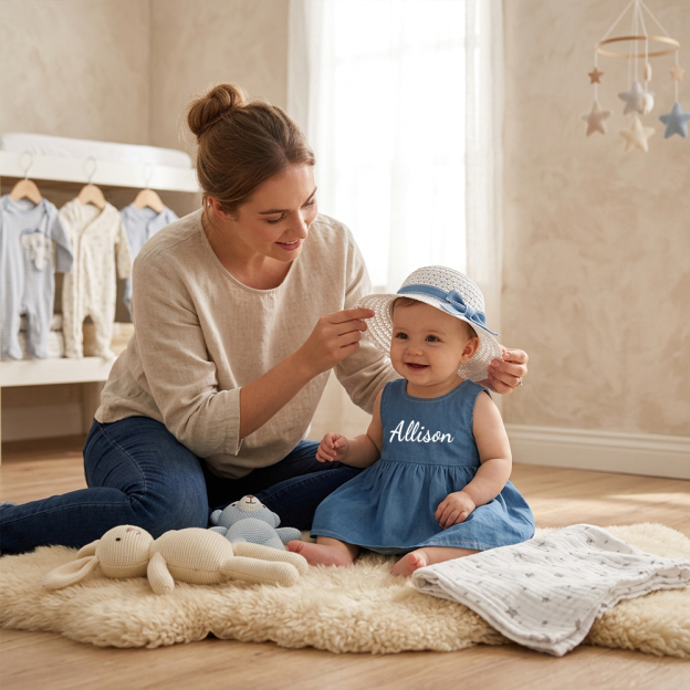 Personalized Girl Denim Dress with Straw Hat| Dress119