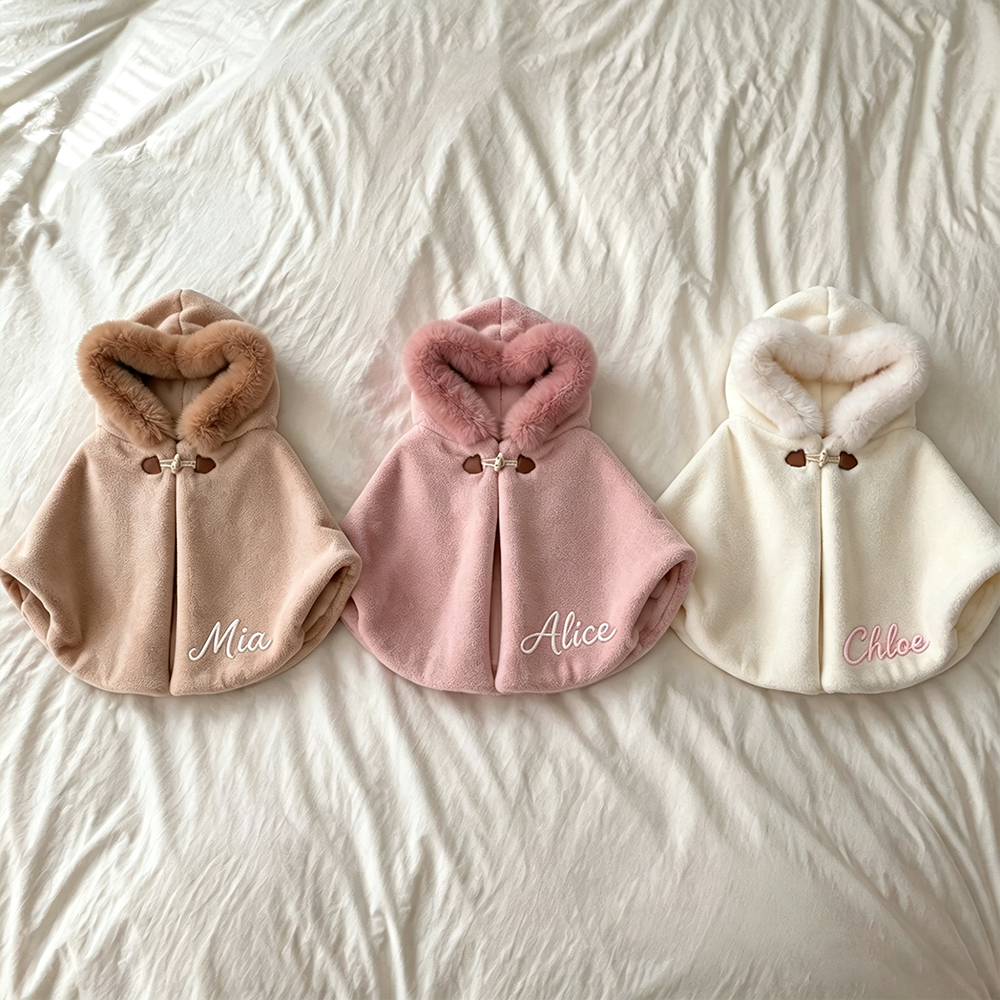 Personalized Girls Faux Fur Trim Winter Poncho Hooded Cape Coat| Cloth287