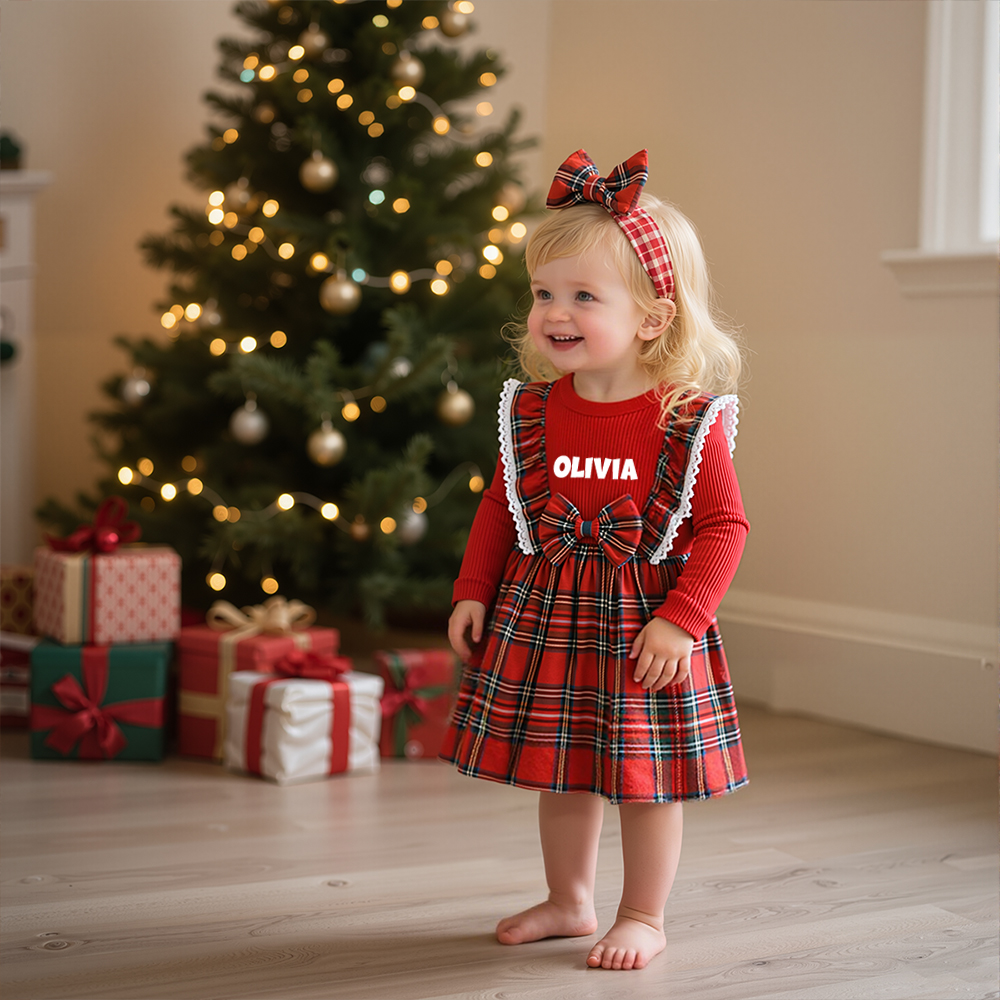 Personalized Girl Christmas Baby Plaid Dress|YESMC13