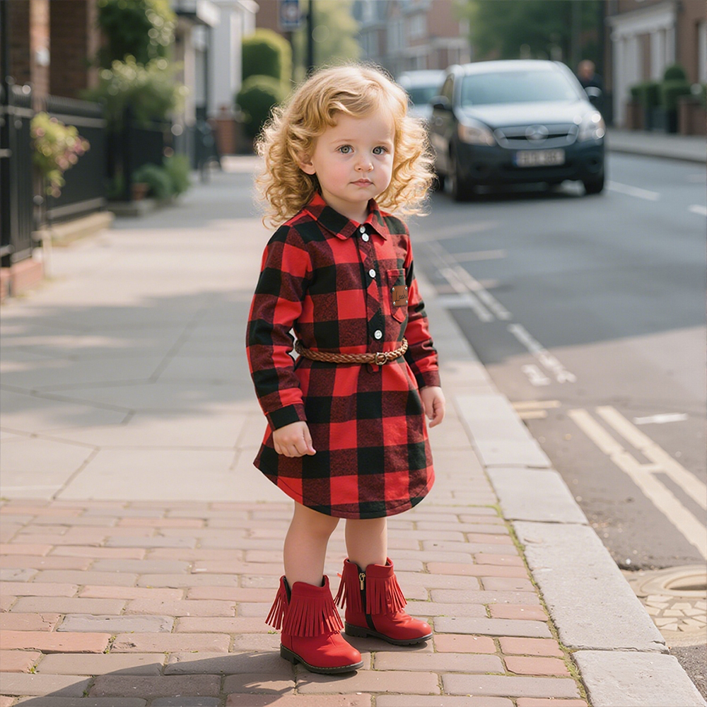 Personalized Girl Red Plaid Print Long Sleeves Shirt Dress With Belt| Cloth244