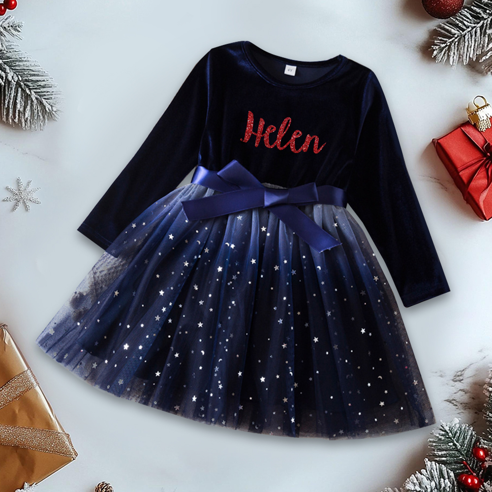 Personalized Christmas Girl Bow Star Mesh Party Dress|YESMC10